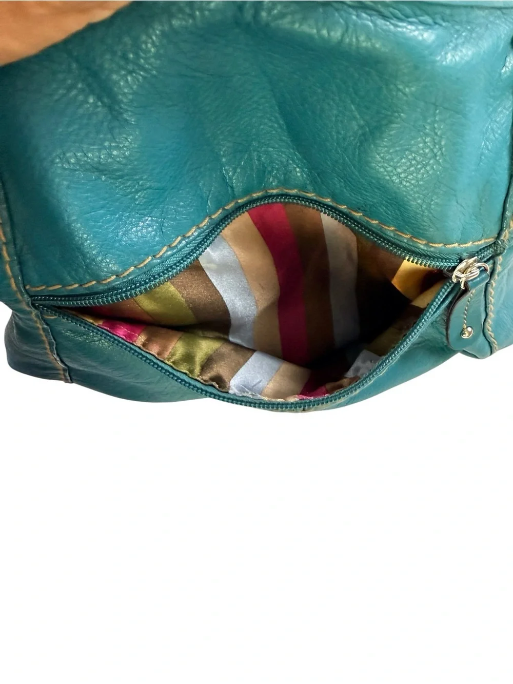 Tignanello Teal Blue Leather Shoulder Bag Silver Hardware Large Hobo Purse